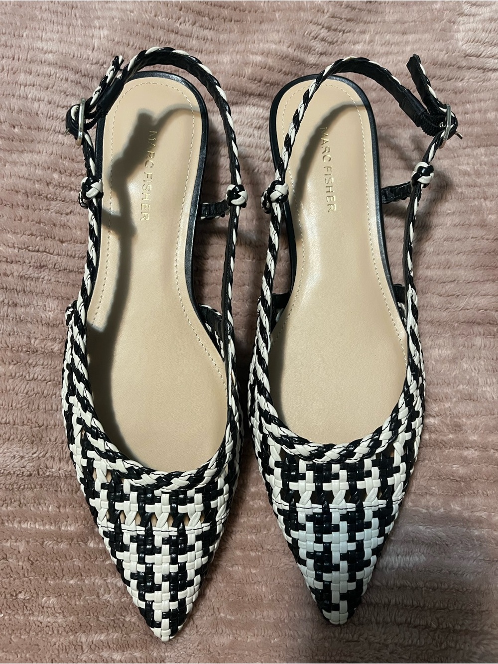 Marc Fisher Black and White Woven Pointed Slingback Flats